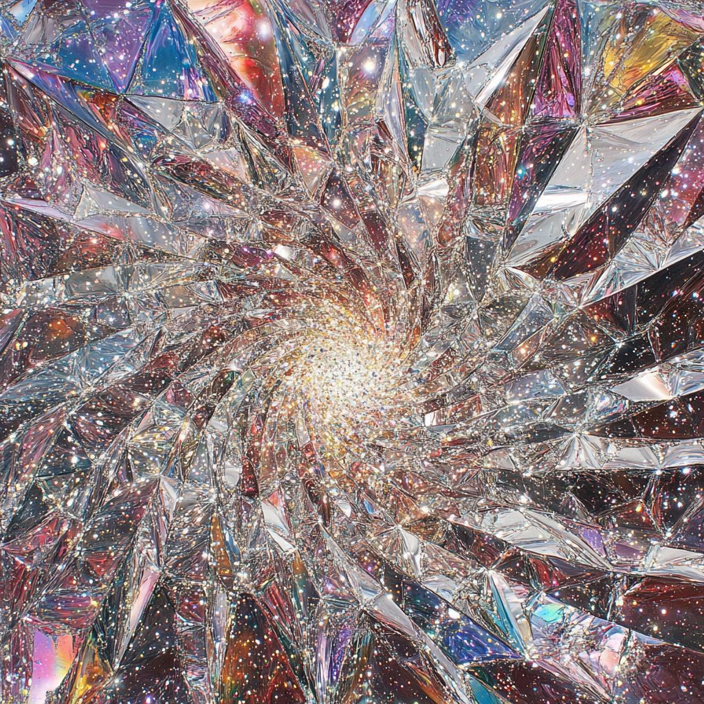 A fragmented, colorful view through a broken kaleidoscope, showing an abstract mosaic of overlapping cosmic patterns and star-filled reflections.