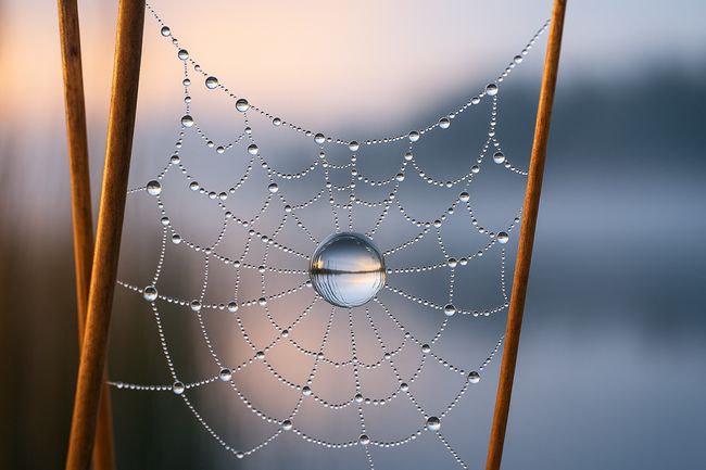 Macro photograph of a dew-covered spider web at sunrise, with one large droplet sharply reflecting an inverted lakeside scene against a misty, blurred background.