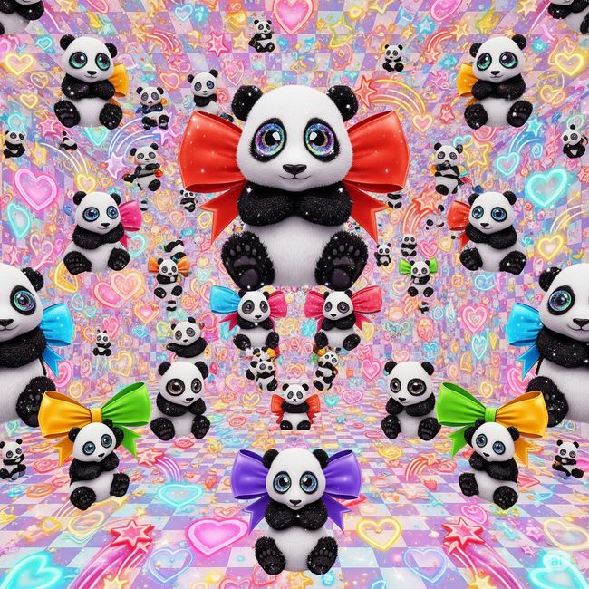 Cute cartoon pandas with colorful bows float in a candy colored dreamscape.