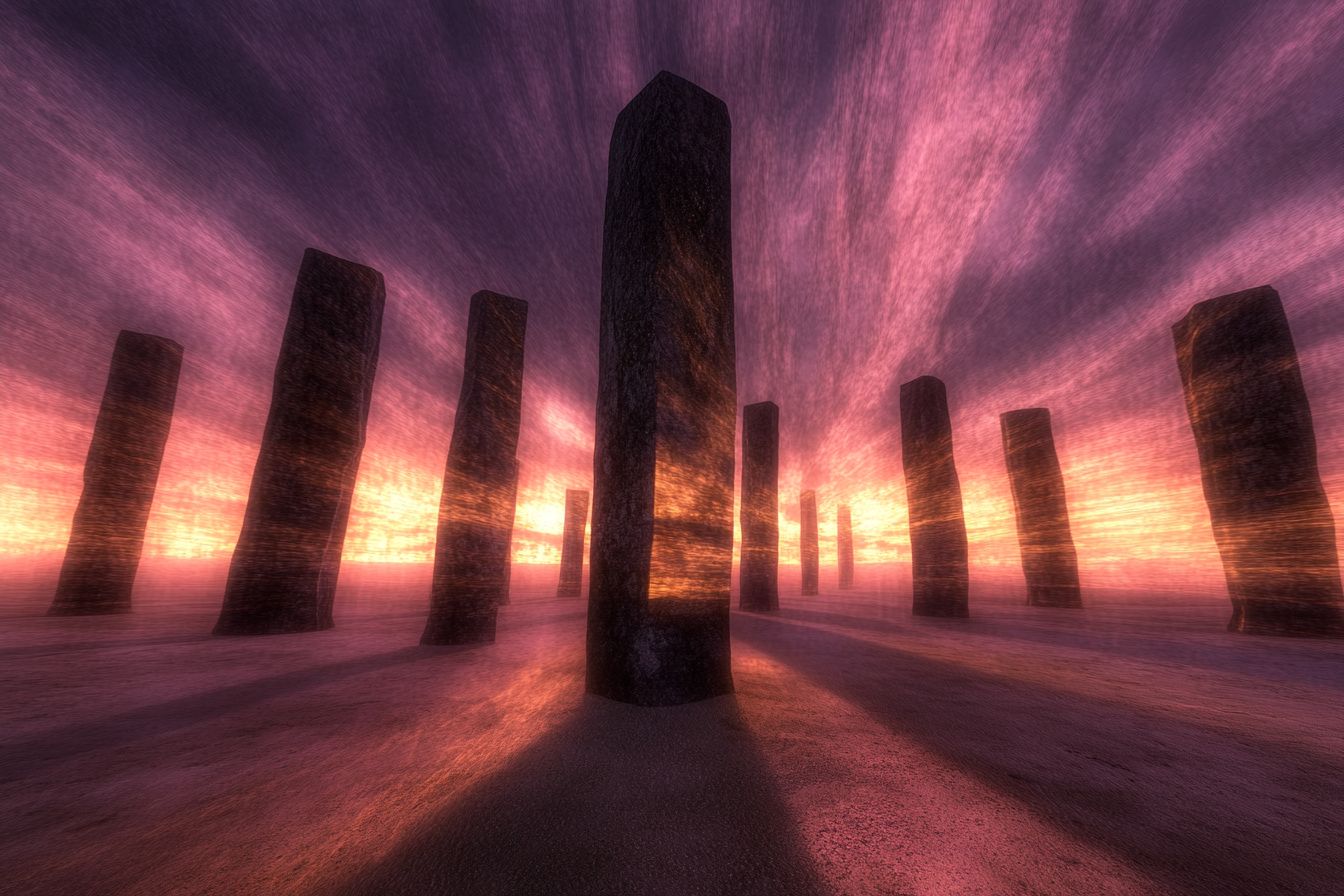 Surreal stone monoliths veined with golden light rise from a misty, barren landscape under a twilight sky blending purples and ember tones.