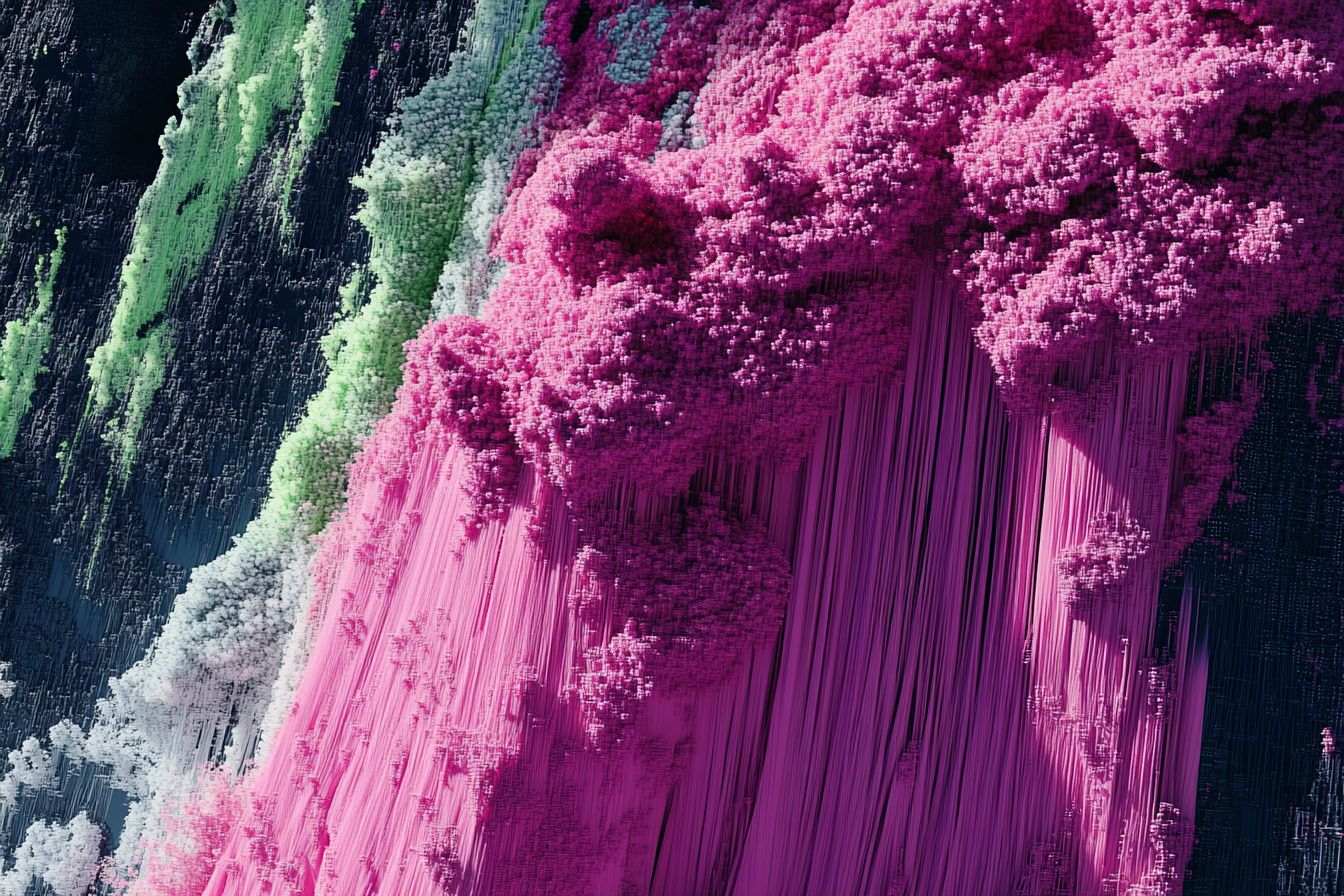 Abstract digital artwork of pink slime textures mixed with glitch art, pixelation, and neon green and blue streaks, creating a chaotic fusion of organic and digital decay.