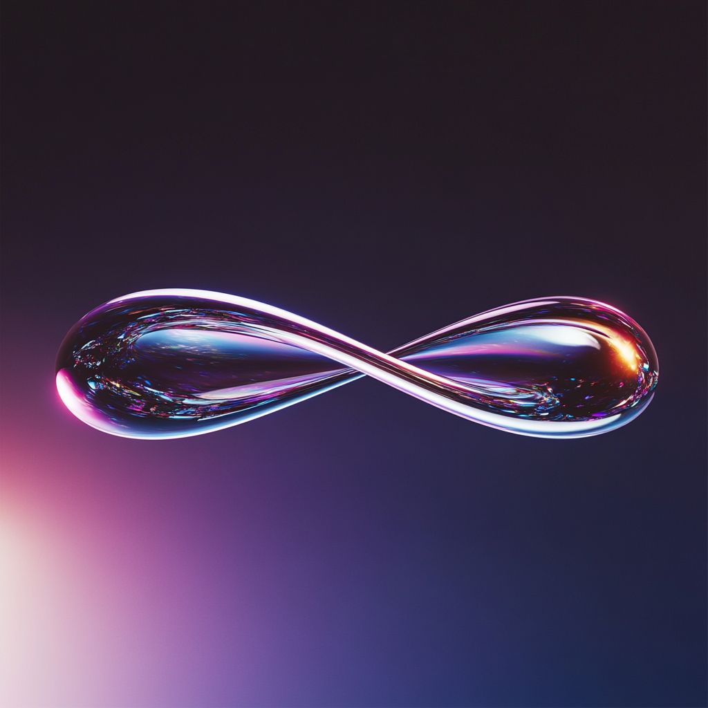 A polished Möbius strip mirror reflecting warped, continuous images against a dark gradient background, illustrating the object's paradoxical, infinite nature.