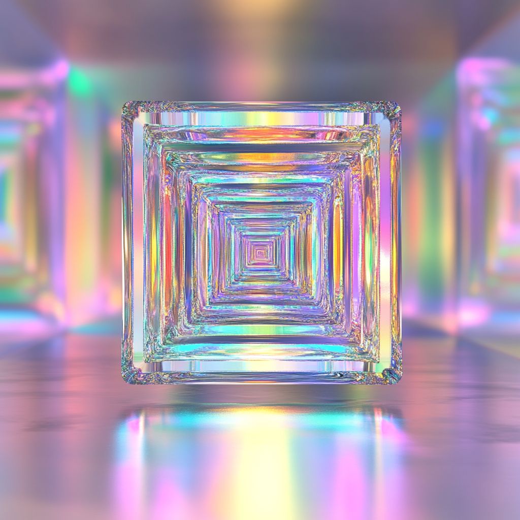 A glowing, holographic tesseract with iridescent edges morphs and shifts against a dark background, creating an illusion of multidimensional depth and complexity.