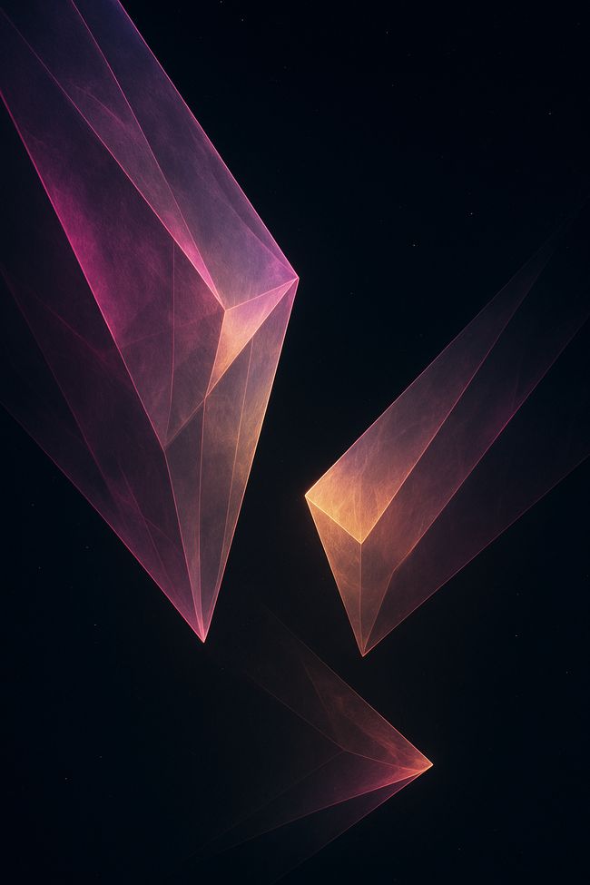 Abstract geometric shapes with pink and orange hues against a dark background.