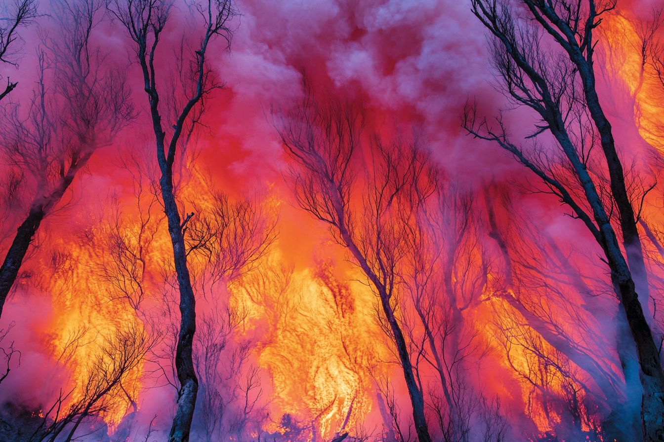 An abstract depiction of a forest fire with leaping pink-purple flames, glowing embers, and cracked earth under a dark, starless sky.