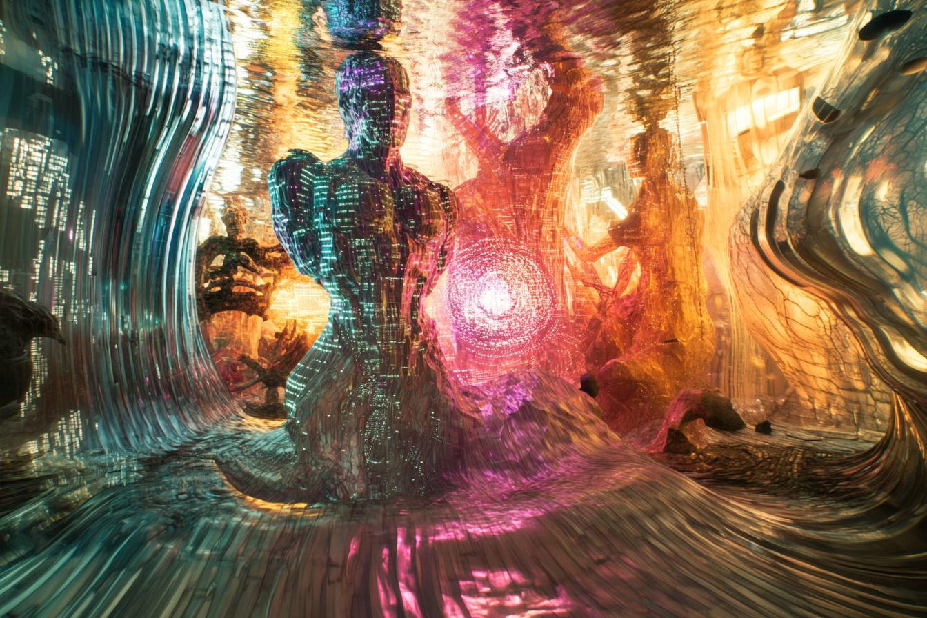 A glowing virtual temple with holographic statues of cybernetic deities, intricate circuit patterns, and a levitating orb of liquid light radiating neon hues in a surreal atmosphere.