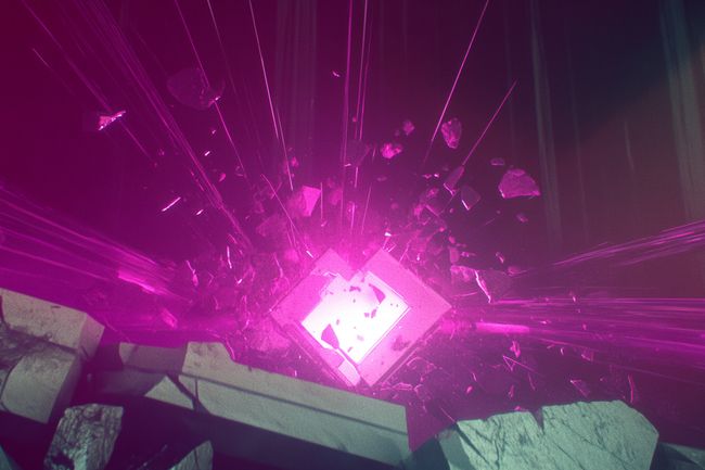A shattered geometric barrier with glowing shards scattering outward, revealing a radiant core of pink and white light.