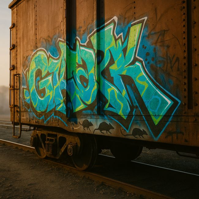 Graffiti on a rusted train car, with painted rat silhouettes along the bottom.