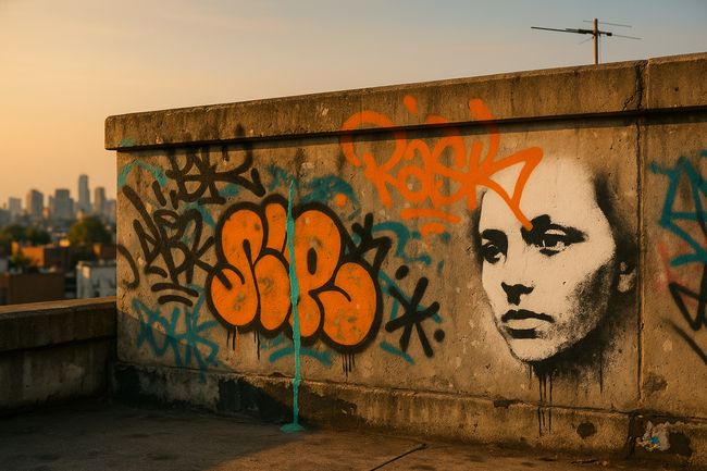 Graffiti on a concrete wall with a city skyline in the background.