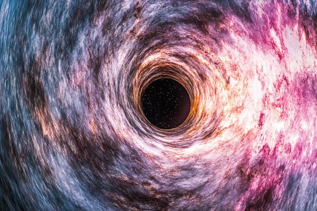 A swirling vortex of light and texture converges into a singularity, with glowing pink and purple threads against distorted surfaces.