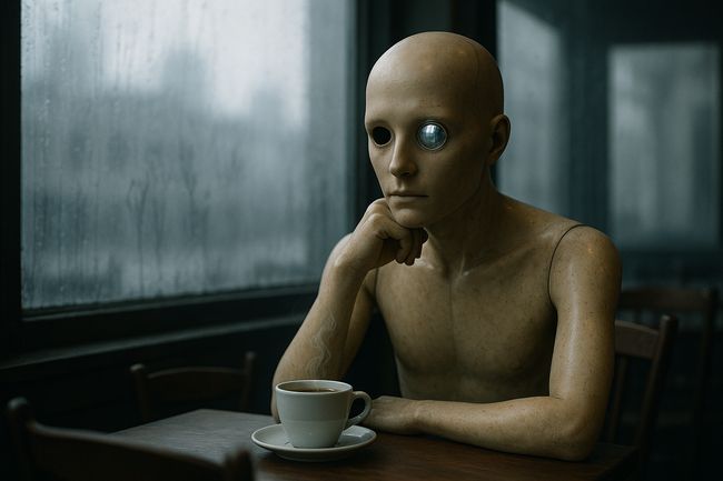 A mannequin with a mirror eye sits alone at a table in a foggy café, with soft morning light and a steaming cup of coffee in front of it.