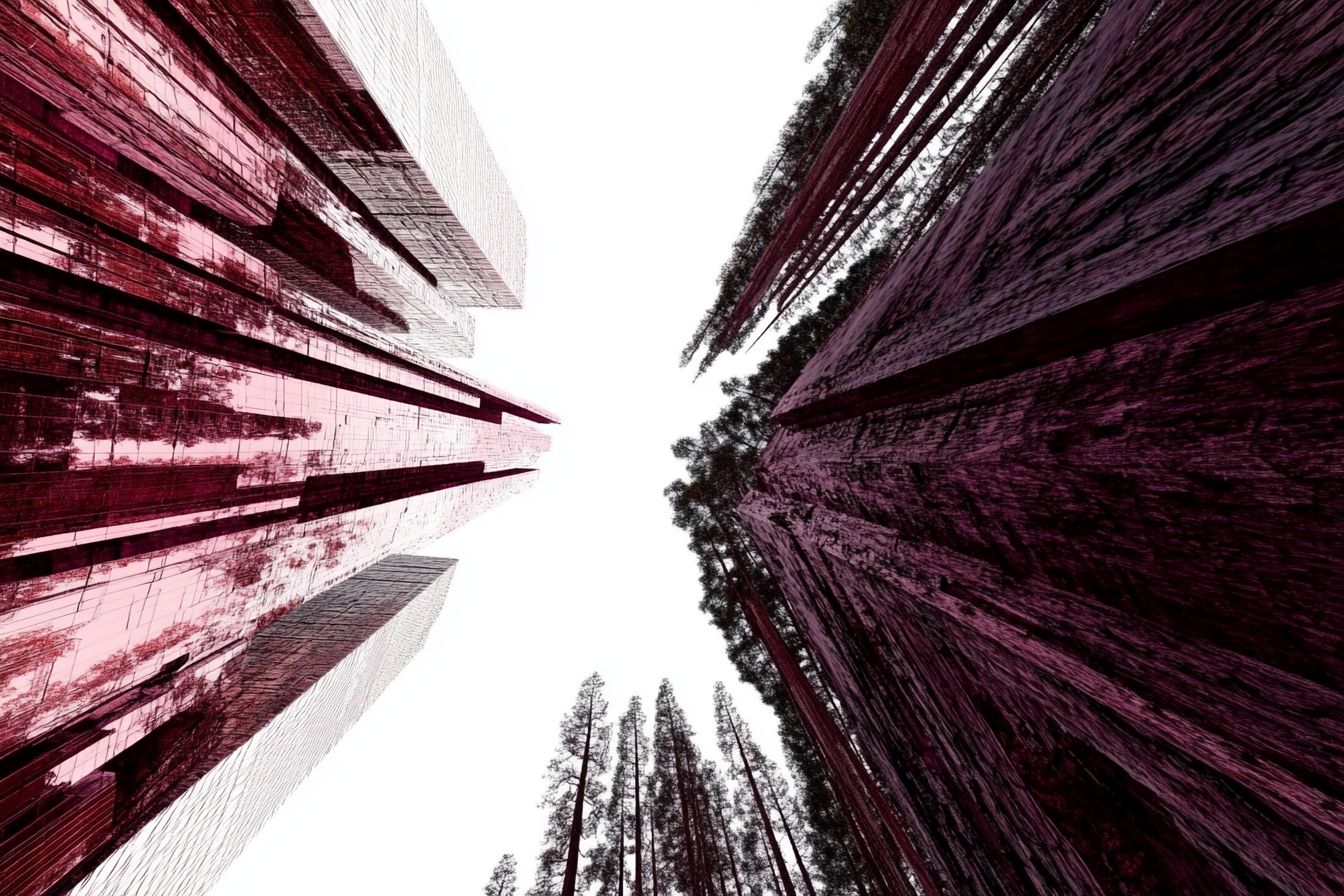 A surreal blend of skyscrapers and rainforest textures, glowing with pink and purple highlights, cinematic shadows, and a misty gradient.