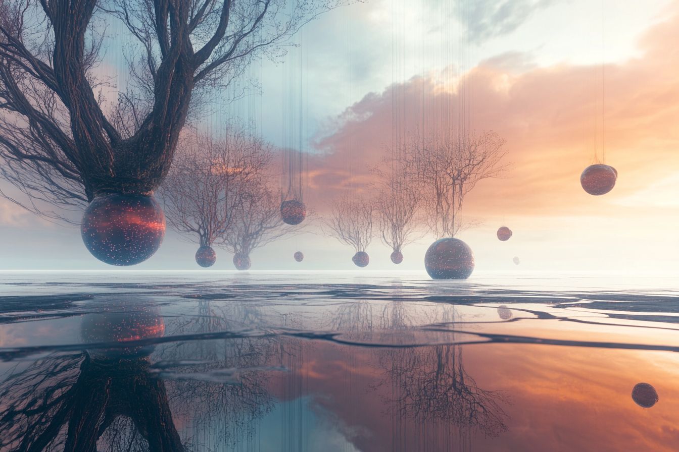 A surreal dreamscape with a mirrored horizon blending into an infinite sky of glowing orbs and upside-down trees. A translucent figure holds a glowing orb under swirling violet and gold auroras.