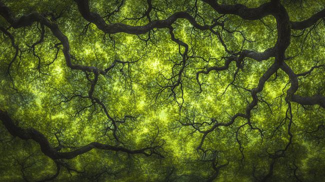 Underside view of a dense forest, forming fractal-like patterns in the tree canopy.