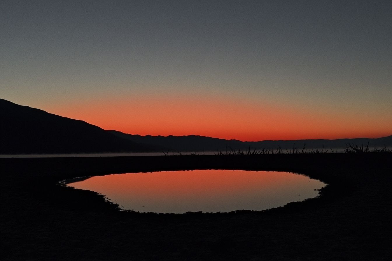 A gradient sky of orange to indigo reflects in rippling water, with skeletal tree silhouettes dissolving into fog.