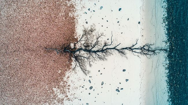 Cracked earth meets smooth sand, forming a surreal boundary between two contrasting textures.
