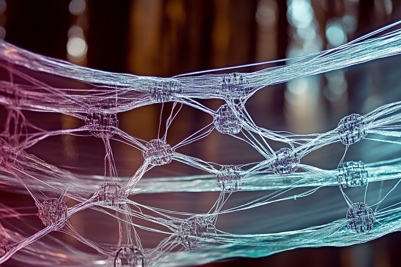 Exposed, glowing circuit lines stretch outward, with illuminated pathways branching into smaller hubs against a dark surface.