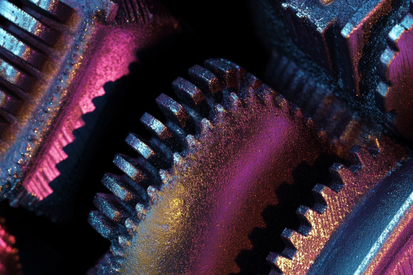 An abstract close-up of metal textures, some sharp and others blurred, bathed in warm and cool cinematic lighting.