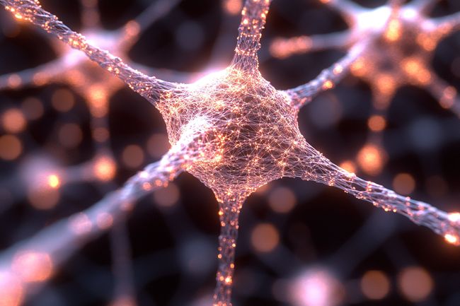 A glowing neural network web with interconnected nodes shines softly in pink and purple hues against a dark, textured void.