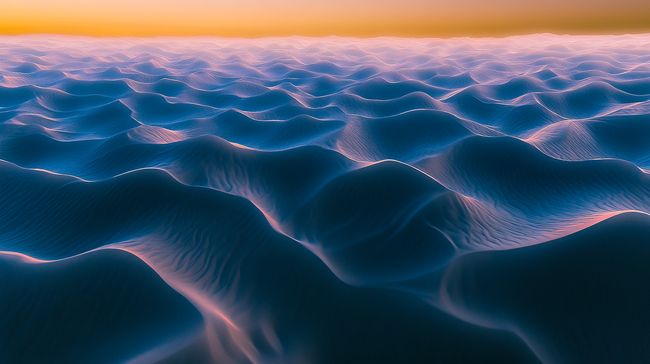 Panoramic view of twilight sand dunes, with shifting sands appearing both solid and fluid.