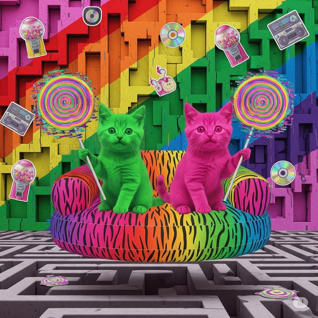 A green and pink kitten sit on a colorful striped couch, holding lollipops, against a brightly colored, geometrically patterned background with stickers.