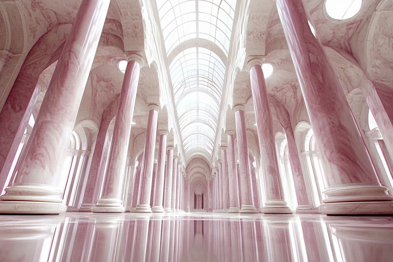 A symmetrical marble cathedral flooded with soft, white light, featuring hexagonal patterns and reflections on a mirrored floor, evoking a futuristic ethereal atmosphere.