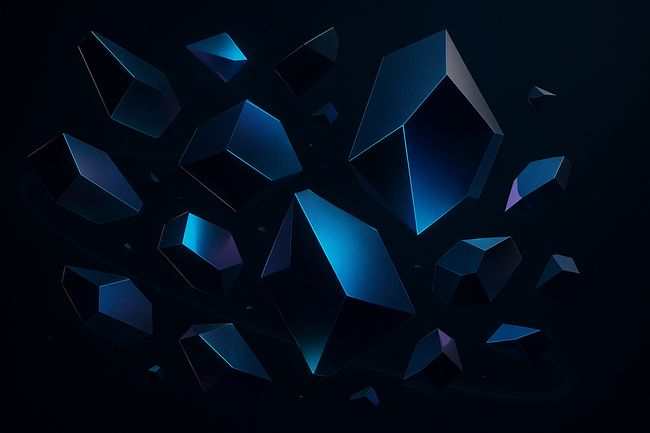Abstract geometric shapes in deep blue and purple tones floating against a dark background.
