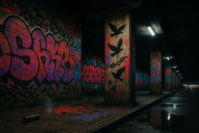 An urban tunnel with graffiti-covered walls and columns.