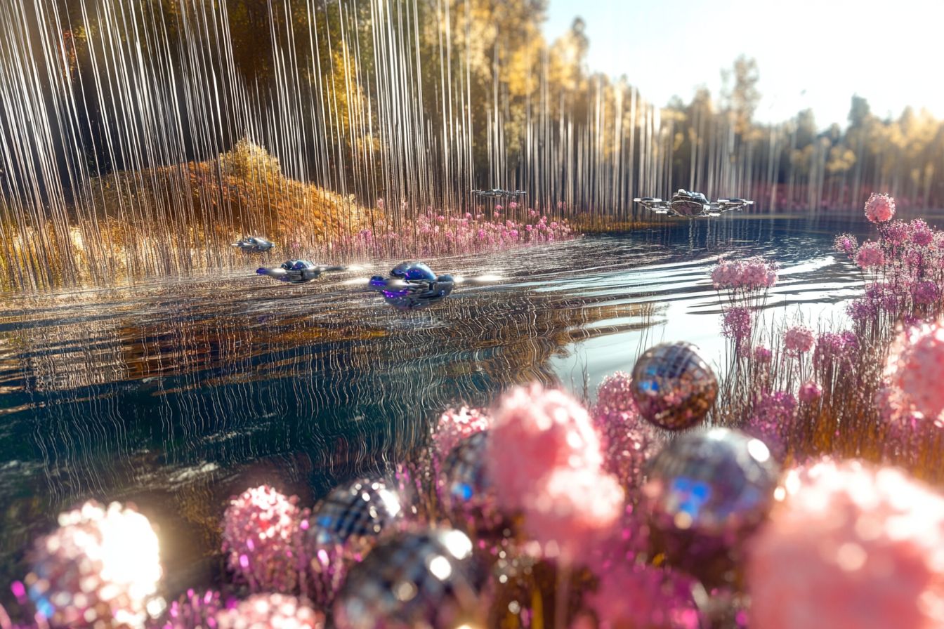 A futuristic wetland with glowing reeds, solar-powered drones, and robotic fish in a golden, cinematic light.
