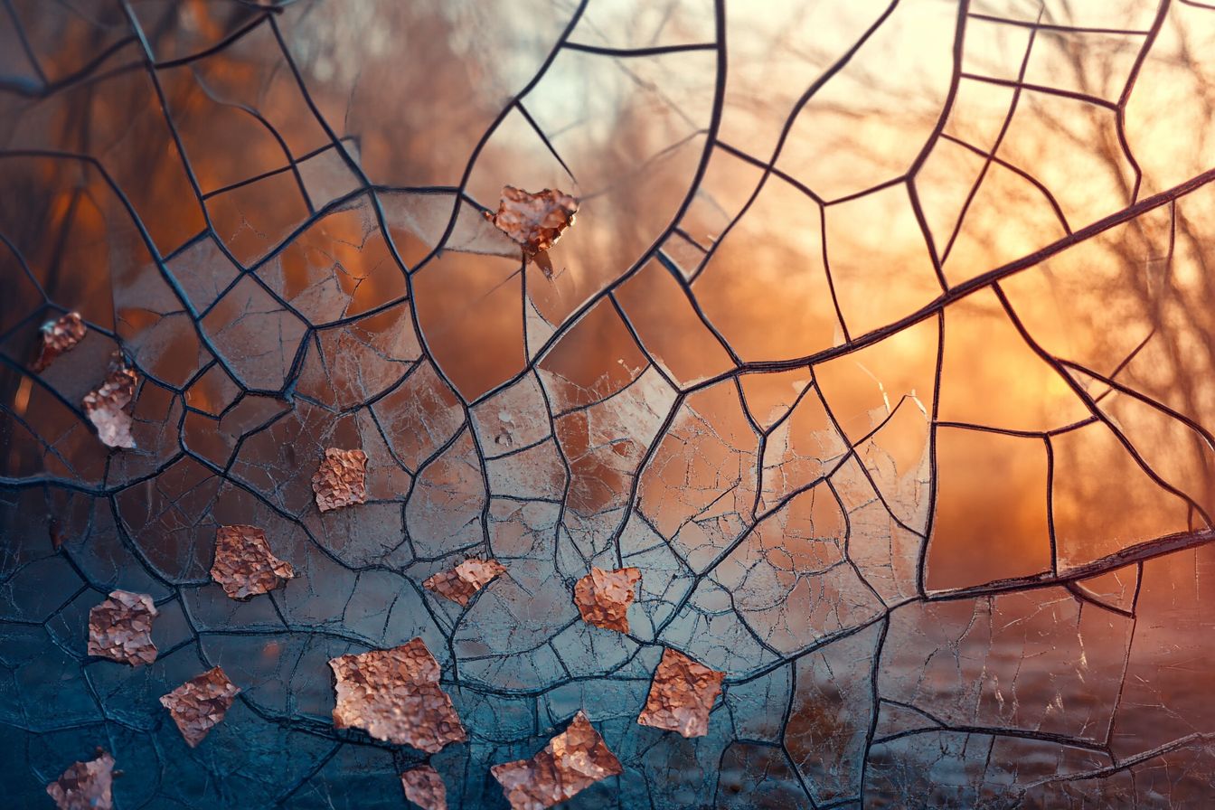 A cinematic abstract desert of reflective fragments, with a frozen wave suspended mid-crash under a soft twilight sky.