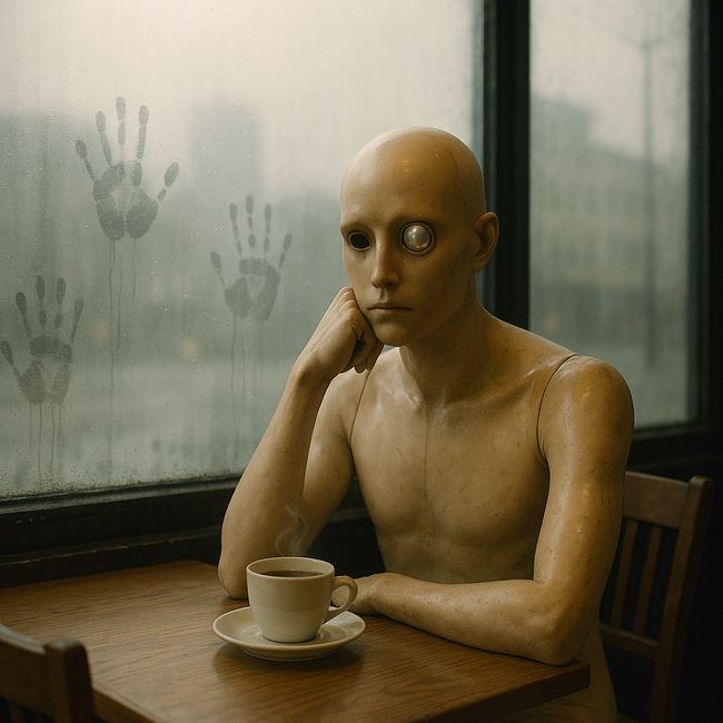 A mannequin with a mirror eye sits alone at a table in a foggy café. Handprints can be seen in the fog on the glass.