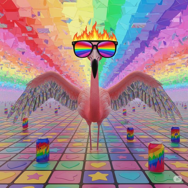 A flamingo wearing rainbow glasses and flaming hair stands on a colorful, patterned floor, with a rainbow background and scattered rainbow-themed soda cans.