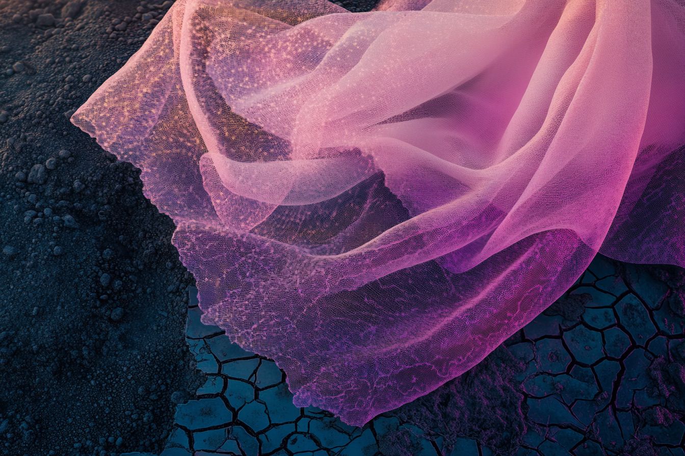 A semi-transparent veil glows softly in pink and purple hues, floating against a textured background of corroded metal and weathered stone.